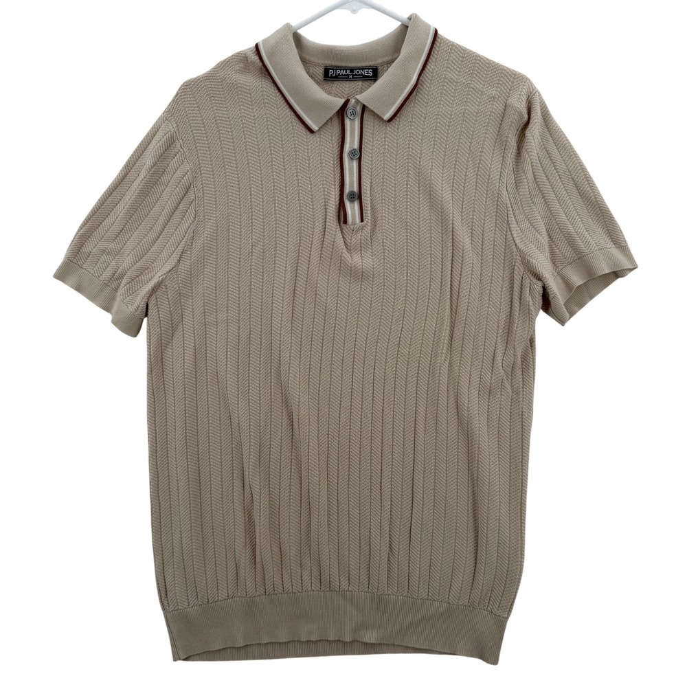 PJ Paul Jones Polo Shirt Mens Medium Beige Retro Knit Short Sleeve Tipped Collar